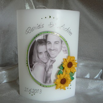 Hochzeitskerze Fotodruck Oval mit Sonnenblumen